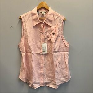 NWT Edward Woman 2X Linen Button Shirt Top Pink Flower appliqué beaded